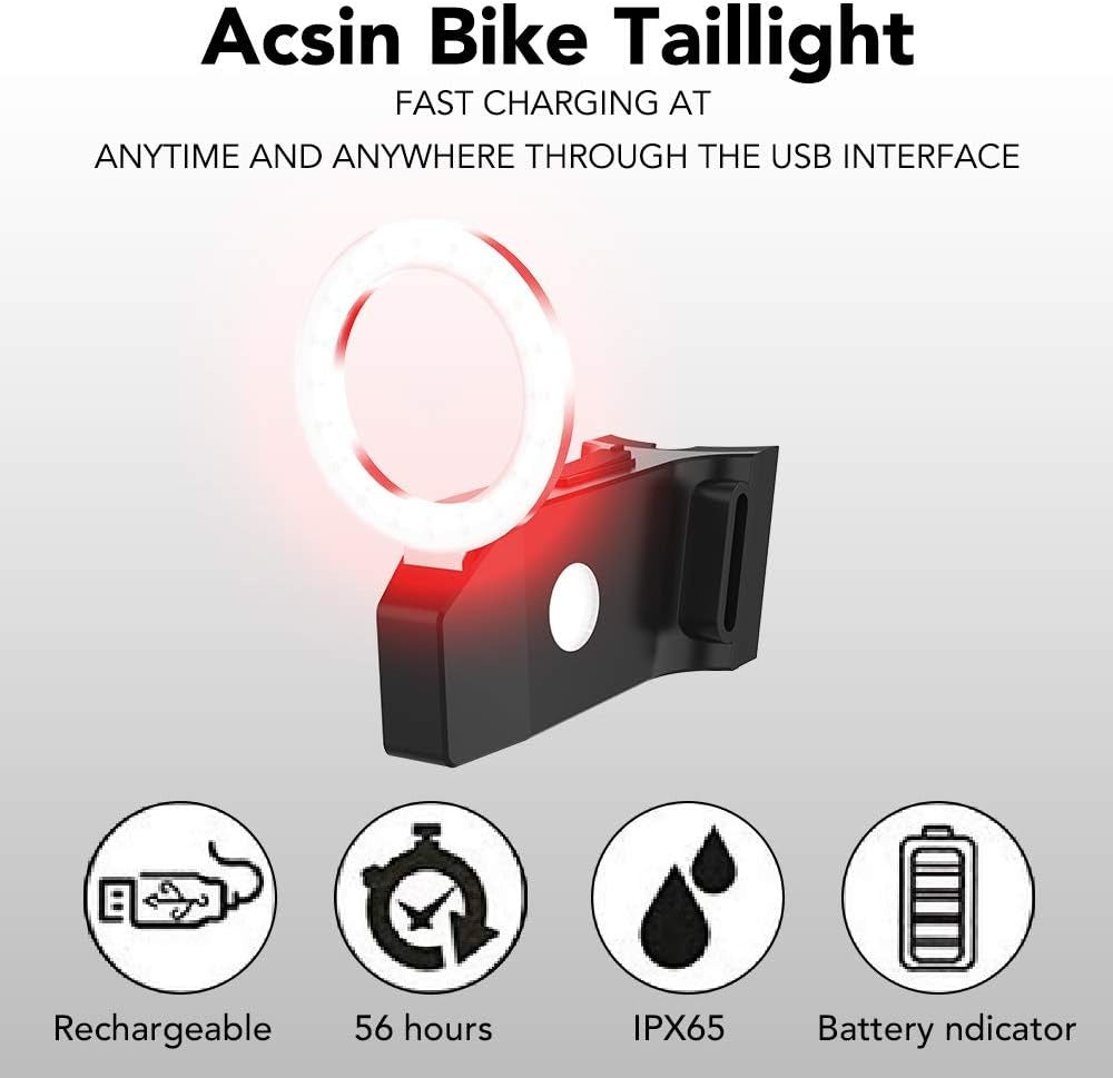 Luz trasera para bicicleta circulo, ultra brillante, 5 modos, 10 lúmenes, LED, recargable por USB, , impermeable,...