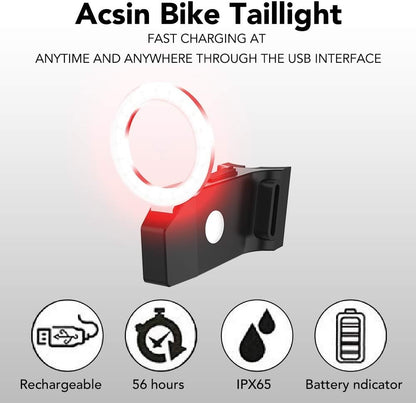Luz trasera para bicicleta circulo, ultra brillante, 5 modos, 10 lúmenes, LED, recargable por USB, , impermeable,...
