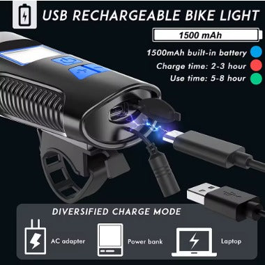 LUZ DELANTERA CON VELOCIMETRO Y CLAXON- PANTALLA LCD - CARGA POR USB