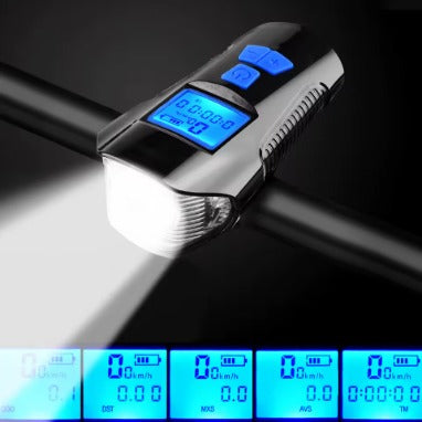 LUZ DELANTERA CON VELOCIMETRO Y CLAXON- PANTALLA LCD - CARGA POR USB