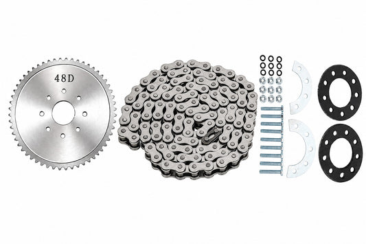 Kit Bicimoto: Sprock 48 Dientes First Wings + Cadena Paso 415 + Gomas Estrella Motor 80cc